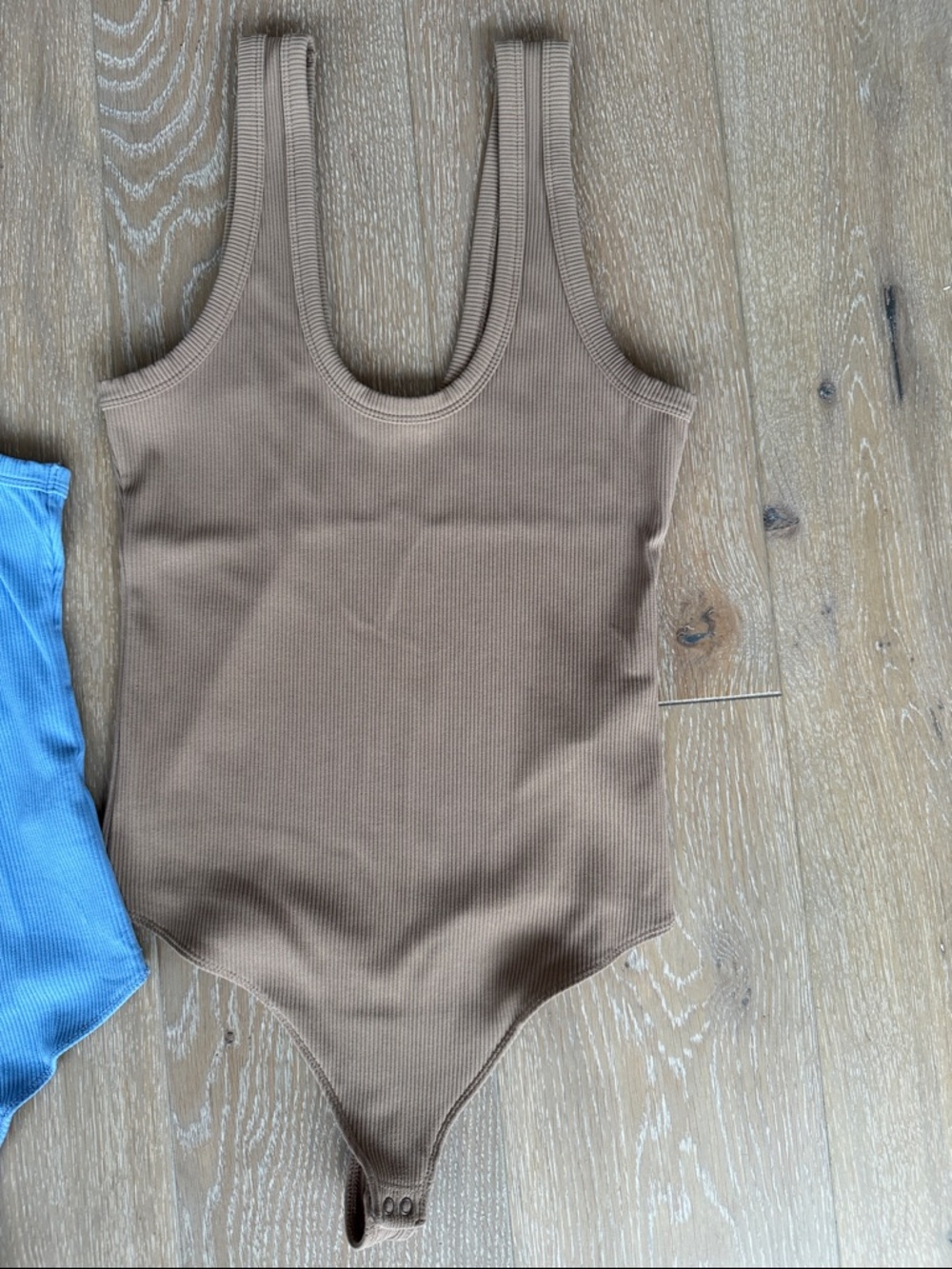 Abercrombie & Fitch Women’s Ribbed One-Piece Bodysuit in Light Blue and Taupe. - Picture 3 of 10